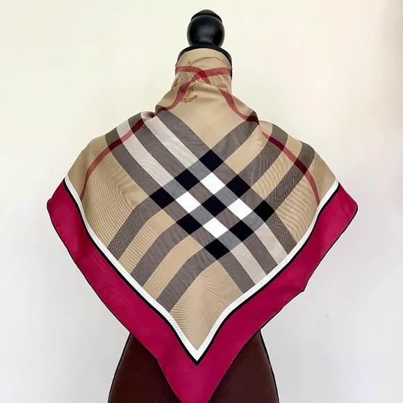 New Burberry Scarf Beige Check Burgundy Red Border Silk Wrap